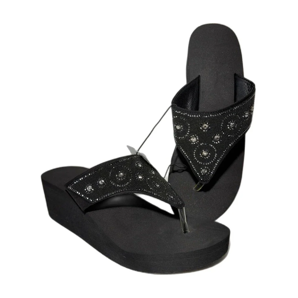 Sun & Sky Women’s Rhinestone Beaded Slip-On Wedge Platform Sandals Black 9-10